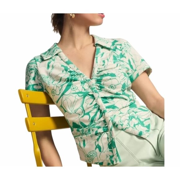 Anthropologie Maeve Ruched Floral Blouse Short Sleeve Womens Top X-Small - Picture 3 of 15
